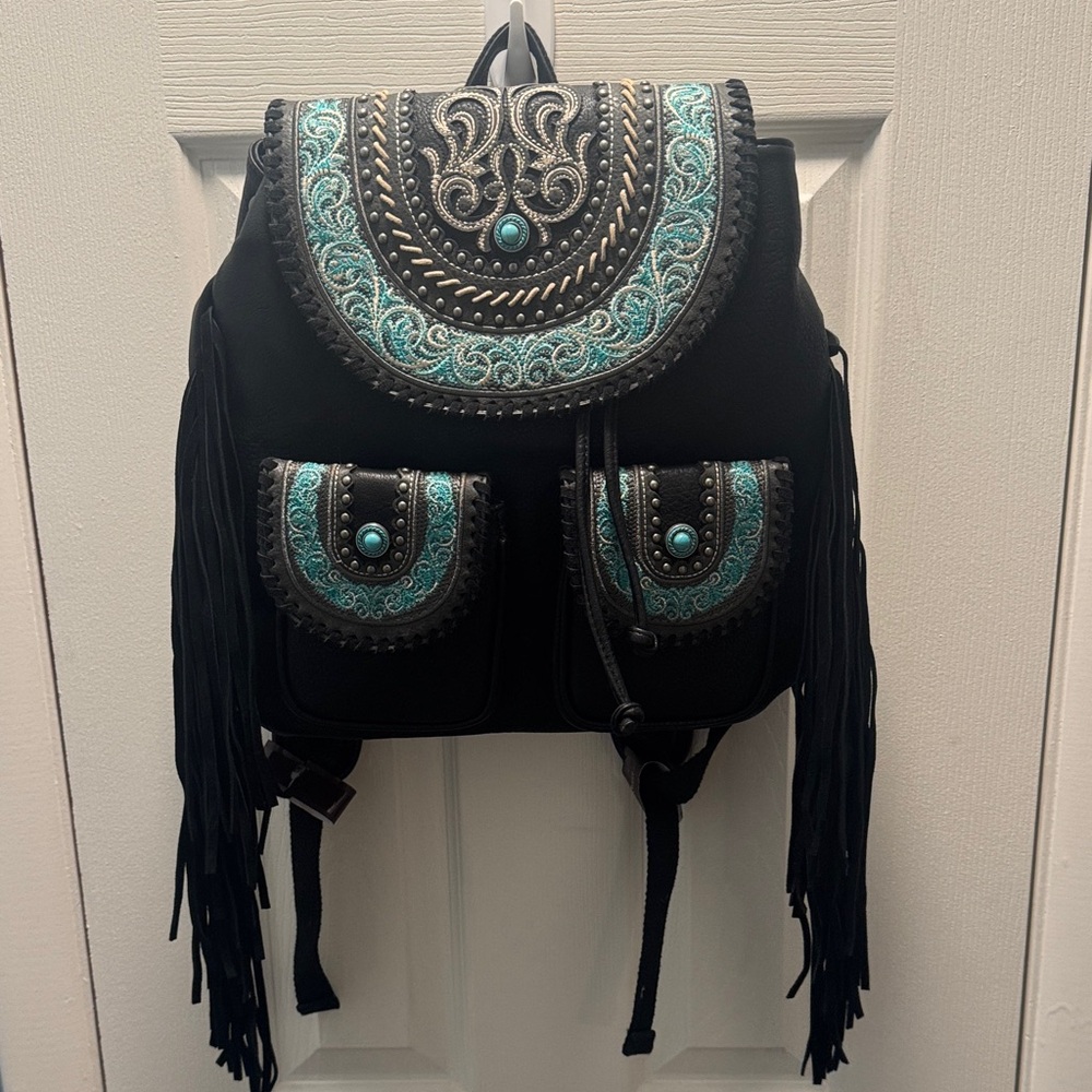 Black Backpack with Turquoise Embroidered Accents and Fringe